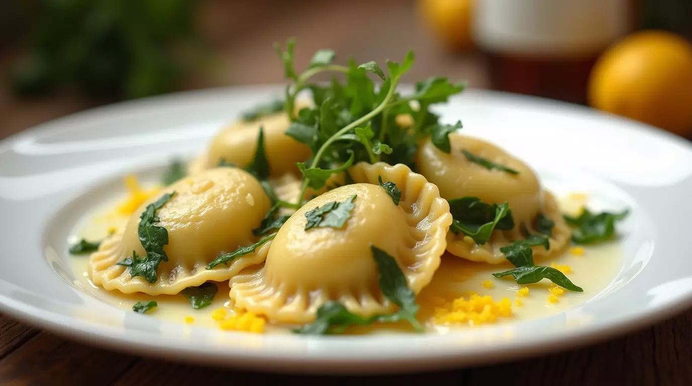 A plated serving of golden, homemade ravioli filled with arugula and Parmigiano Reggiano cheese, drizzled with butter sauce.