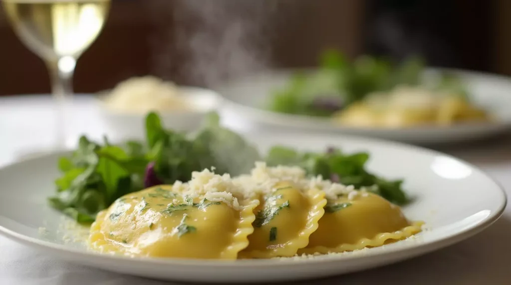 A plate of freshly cooked ravioli garnished with lemon zest, set beside a crisp green salad and a glass of white wine.