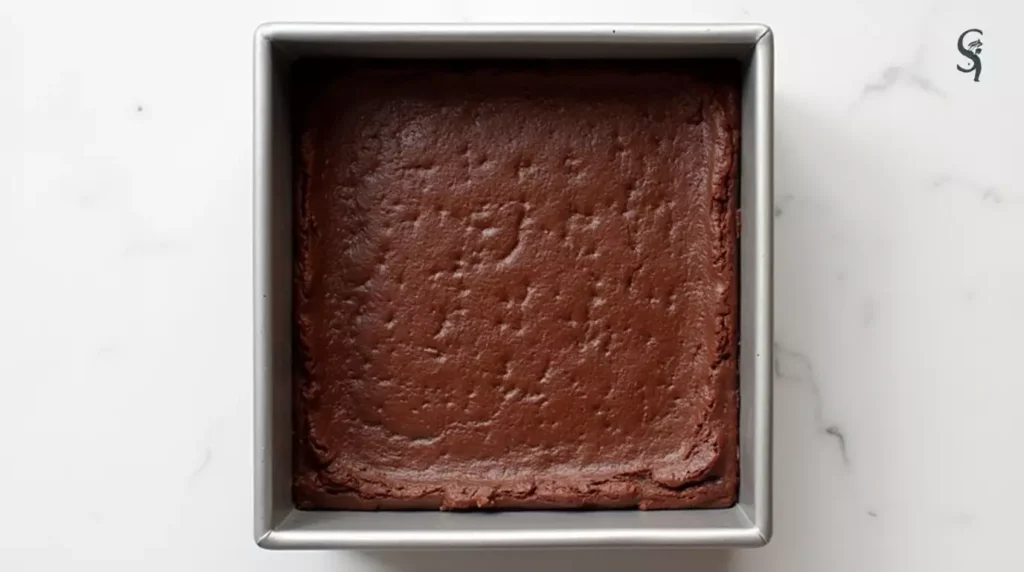 Brownie base fully baked in a rectangular pan with crackly top