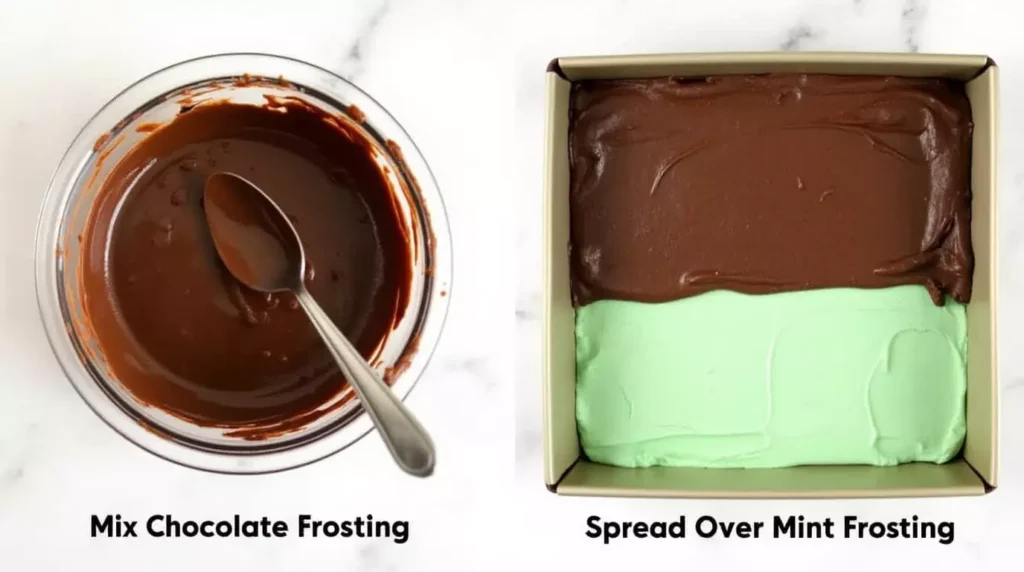 Chocolate frosting being spread over mint layer in baking tray