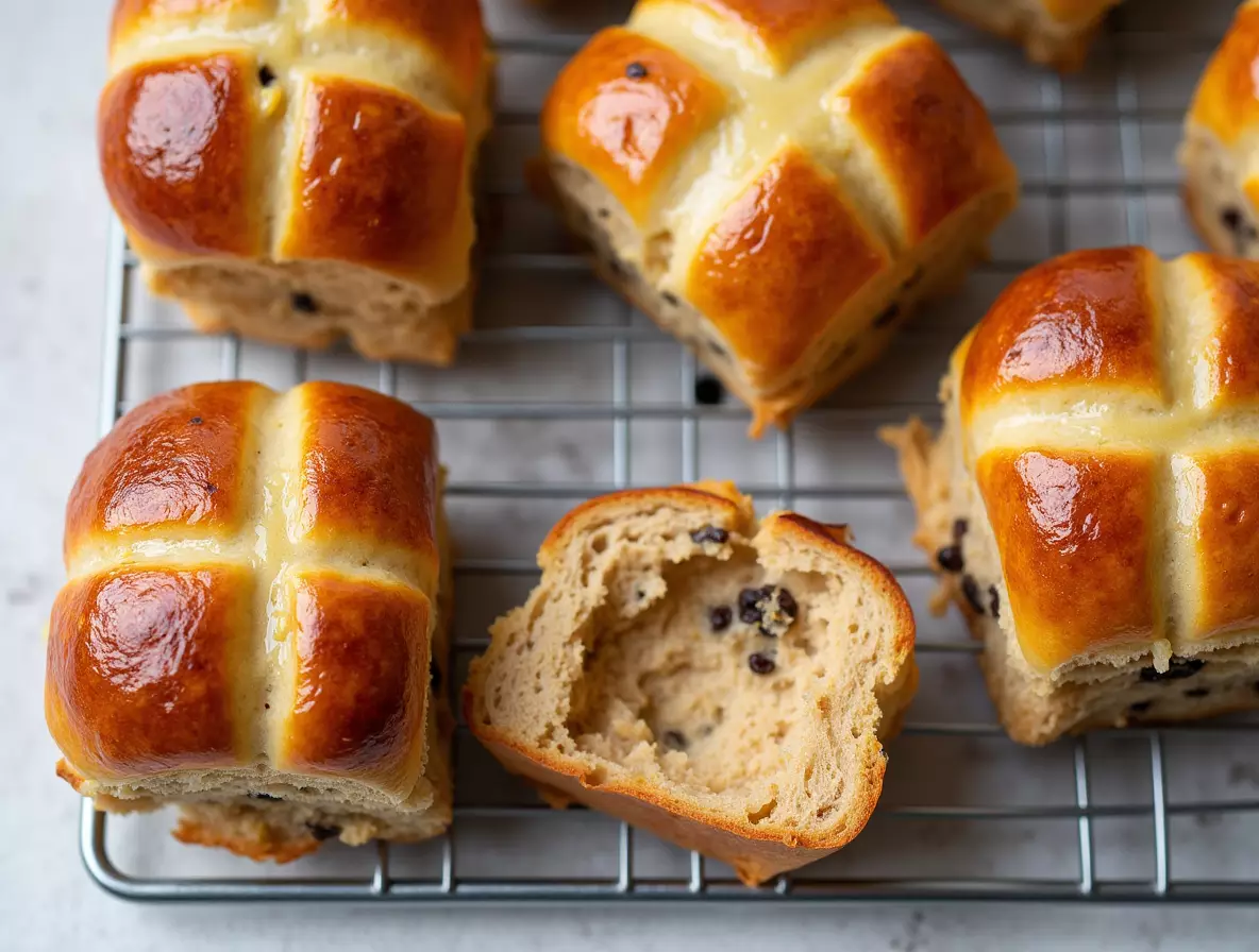 Freshly baked stout hot cross buns cooling on a metal rack, showing a fluffy, soft texture, golden crust, and visible currants inside.
