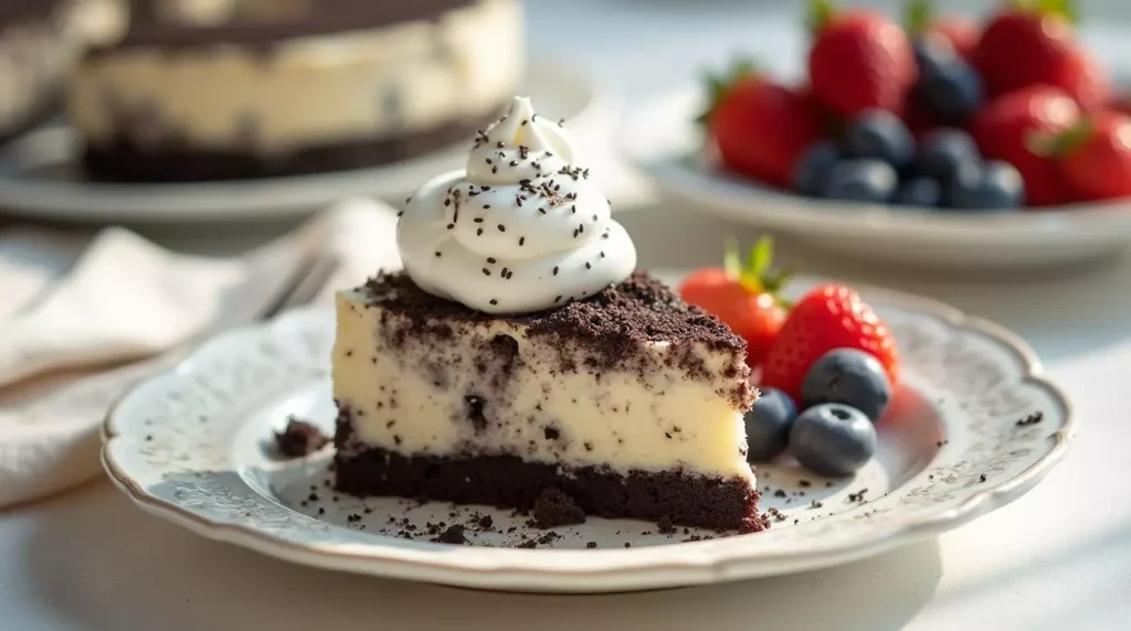 Slice of Oreo cheesecake with whipped Greek yogurt and fresh berries on a ceramic plate.