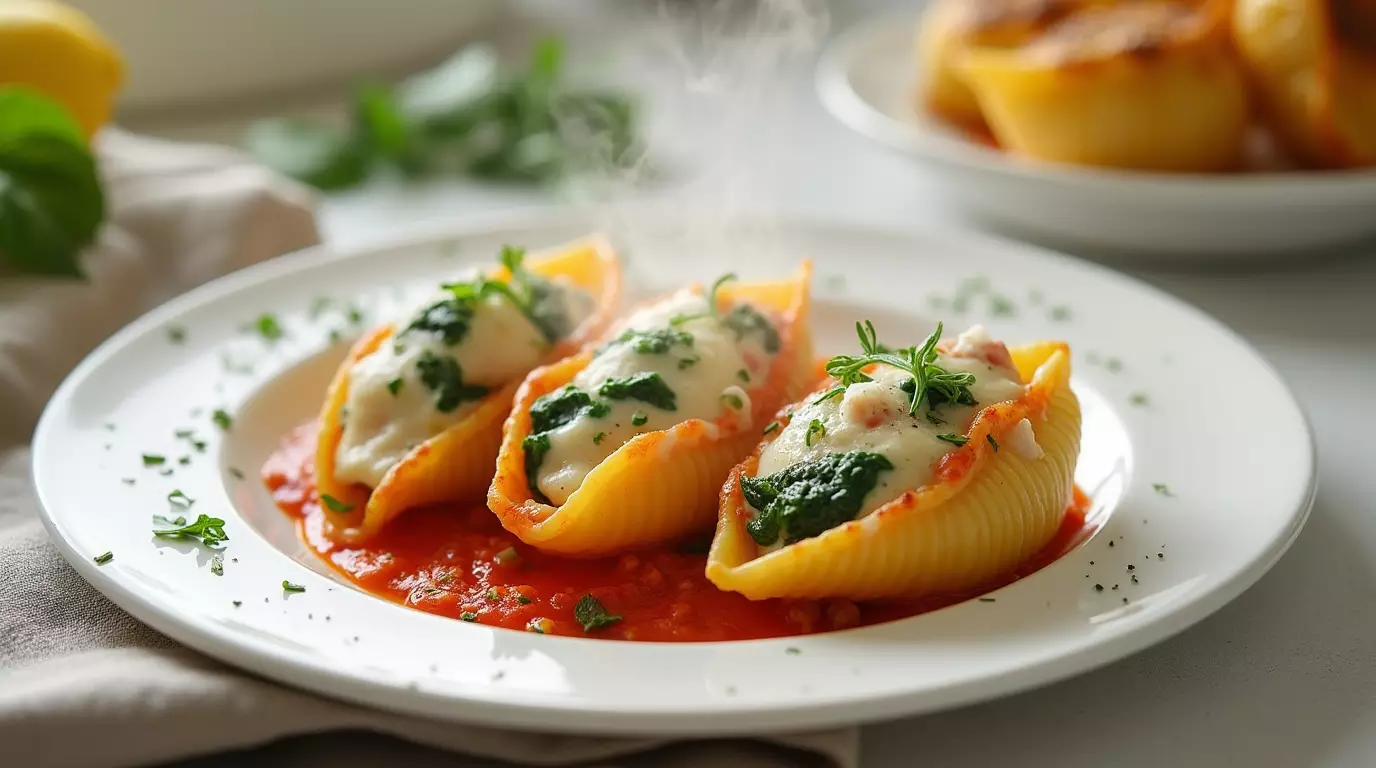 A plated dish of Crab and Spinach Stuffed Pasta Shells, golden-baked and stuffed with creamy ricotta, fresh spinach, and lump crab meat, drizzled with marinara sauce.