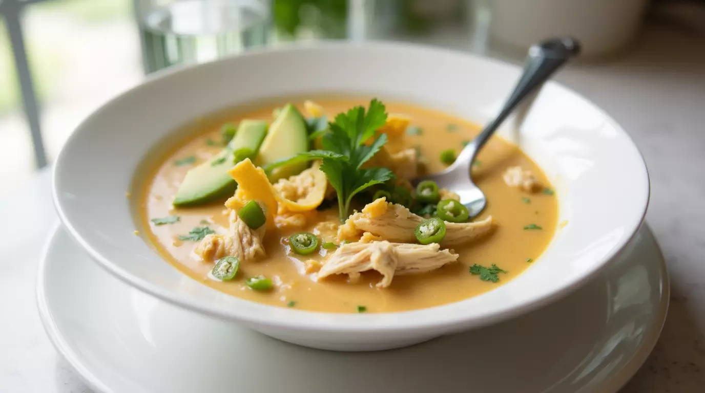 A bowl of creamy green chili chicken enchilada soup with tortilla strips, avocado slices, and fresh cilantro, placed on a white kitchen counter in natural light.