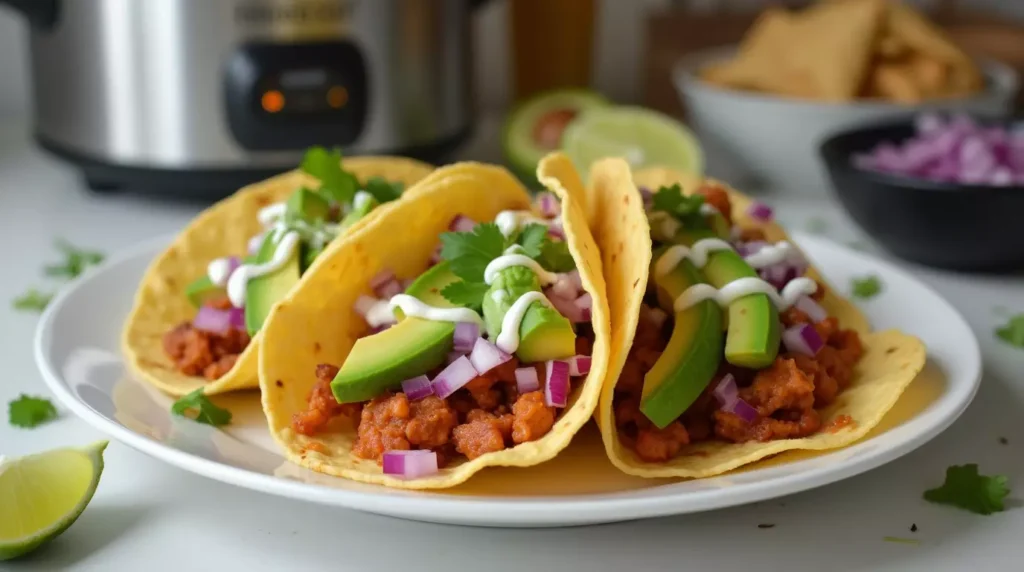 A plate of Crockpot Southwest Chicken tacos made with shredded chicken, black beans, and corn inside warm corn tortillas. Topped with fresh avocado slices, diced red onions, and a drizzle of lime crema. The background features an ordinary kitchen with a slow cooker on the counter.