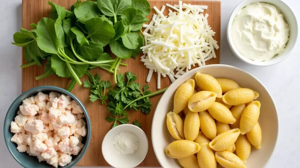 A flat-lay image of fresh ingredients, including ricotta cheese, spinach, shredded mozzarella, lump crab meat, fresh herbs, and uncooked jumbo pasta shells.