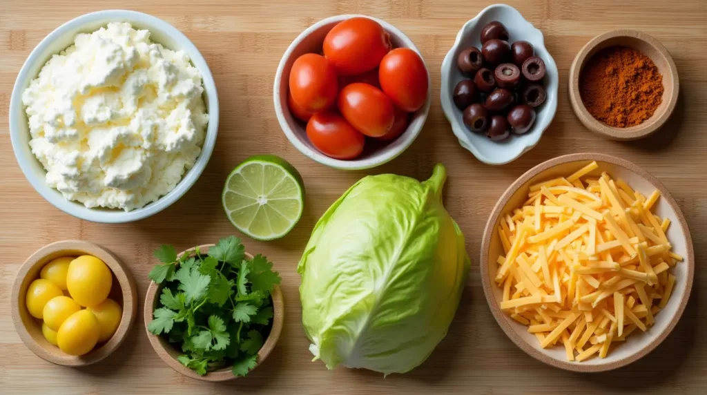 Flat lay of cottage cheese, taco seasoning, tomatoes, lettuce, olives, cheese, and lime arranged on a wooden table in natural light.
