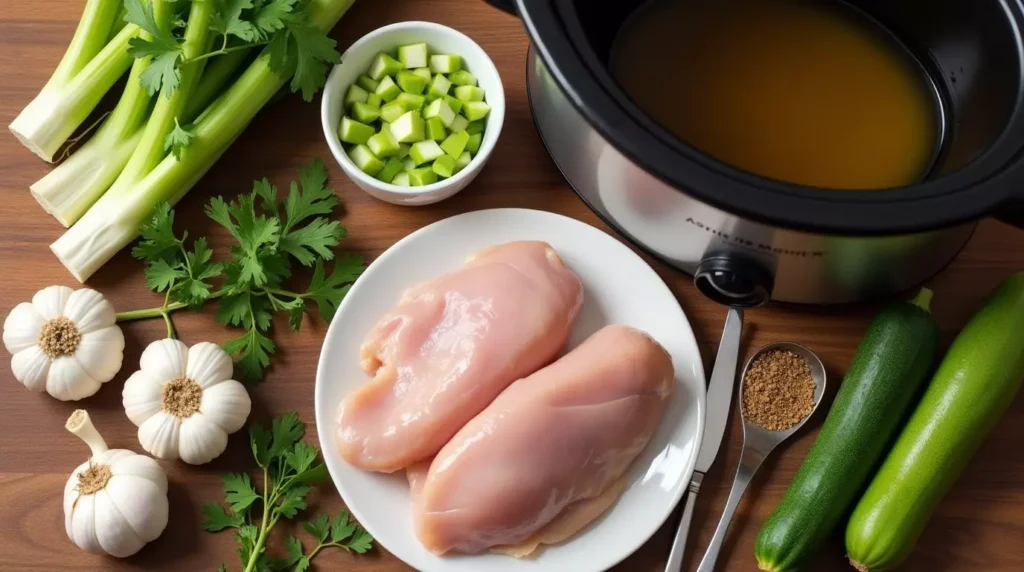 Top-down view of raw chicken, garlic, herbs, chopped vegetables, and broth laid out on a wooden kitchen counter.