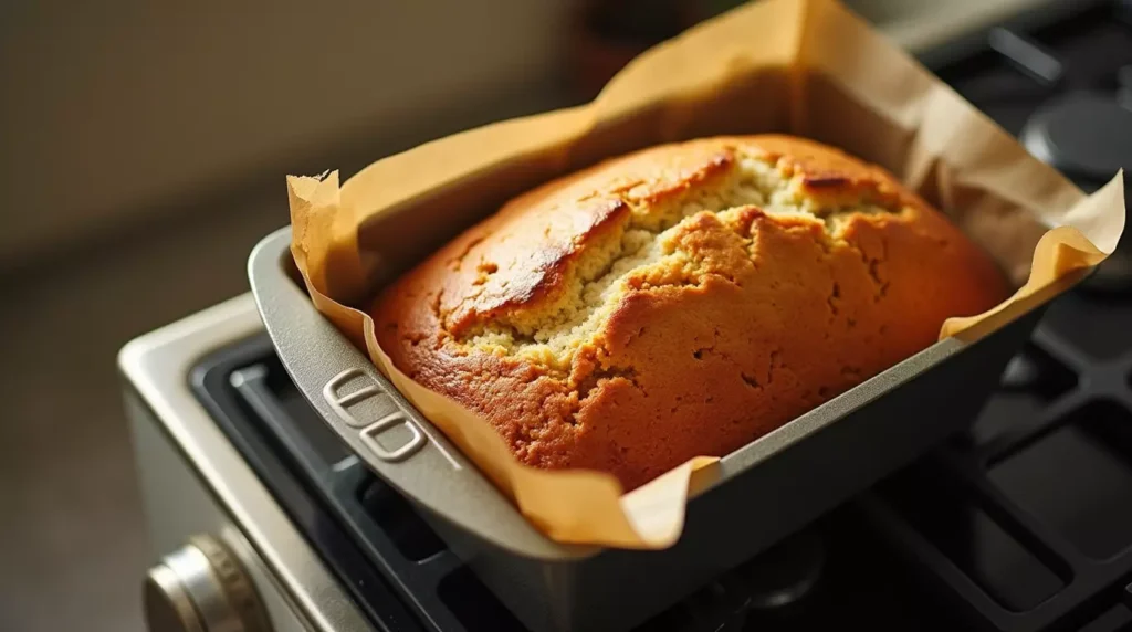 Golden brown cottage cheese banana bread just out of the oven.