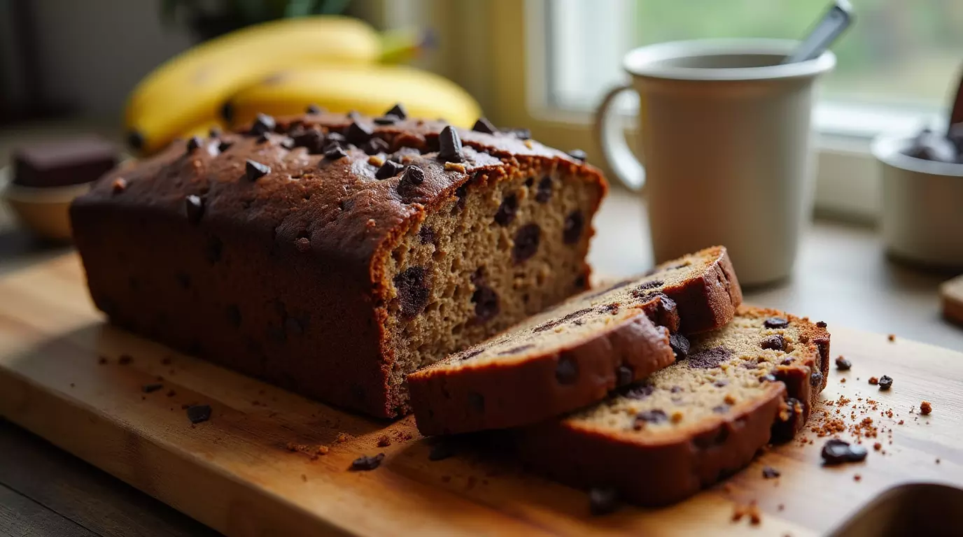 A loaf of chocolate chunk Greek yogurt banana bread on a wooden cutting board, sliced to reveal gooey chocolate inside.