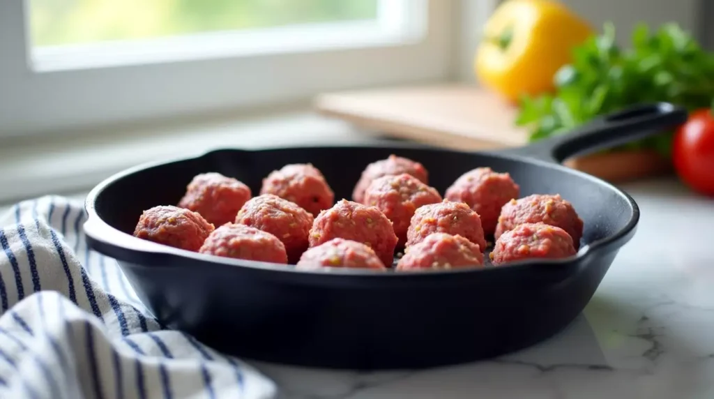 Uncooked gluten free meatballs arranged in a cast iron skillet