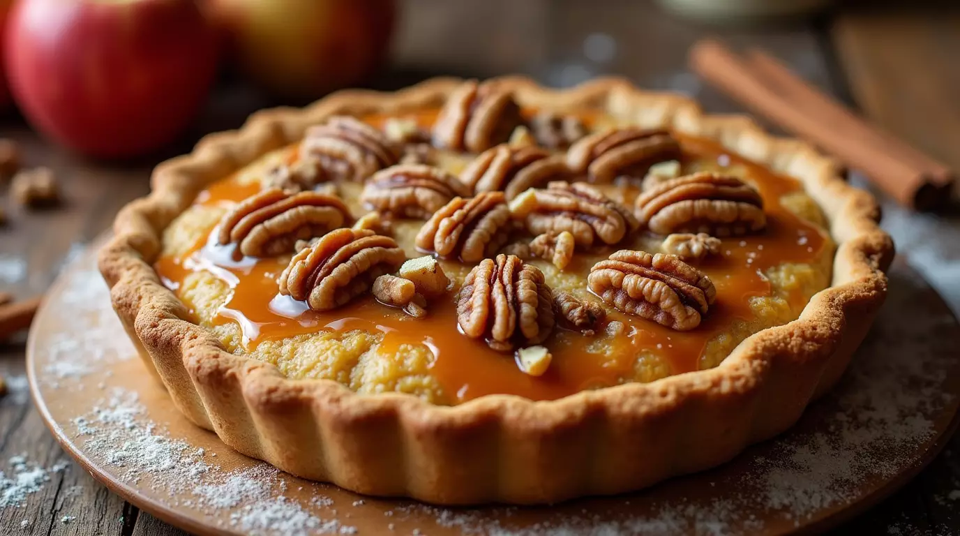 A freshly baked walnut caramel apple pie with a golden crust, drizzled with thick caramel sauce and topped with toasted walnuts, set on a cozy fall kitchen counter.