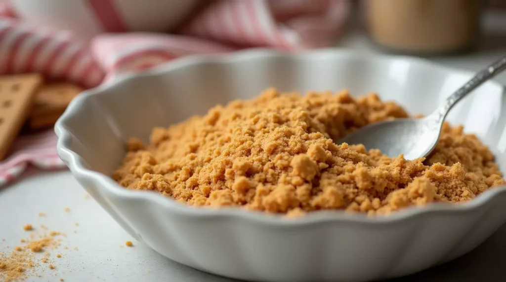 Crushed graham cracker mixture for cheesecake base in a white bowl