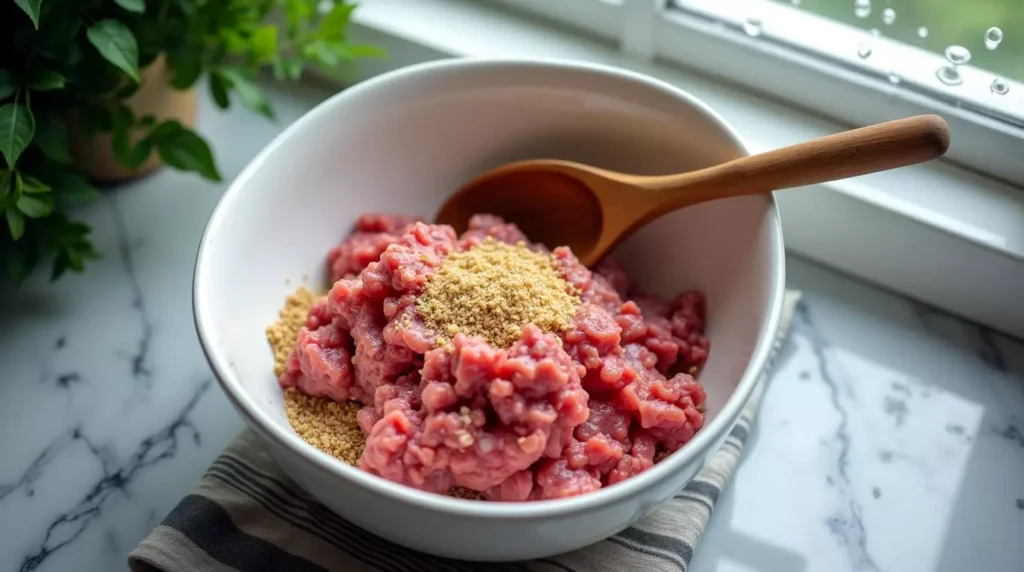 Bowl of ground meat mixed with cheese and seasoning for gluten free meatballs