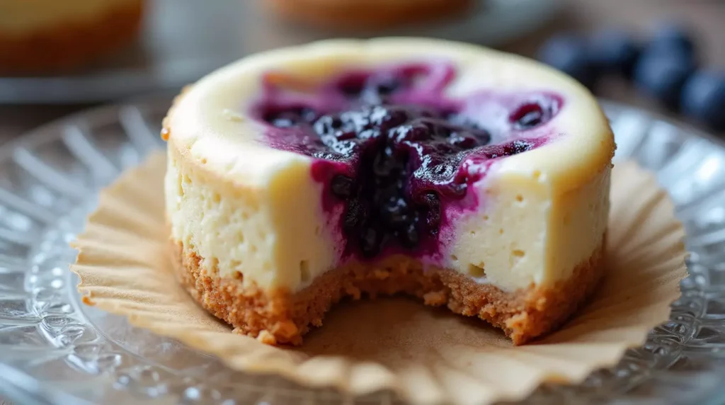 Close-up of a bitten mini blueberry cheesecake showing creamy inside and fruit swirls