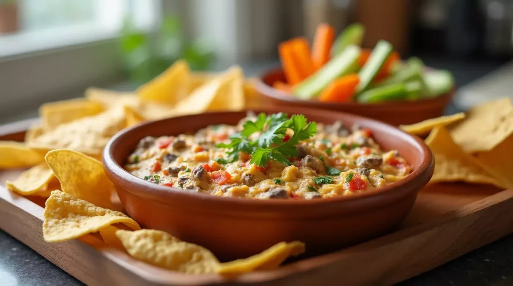 Bowl of taco dip made with cottage cheese served on a tray with tortilla chips and veggie sticks in a cozy kitchen setting