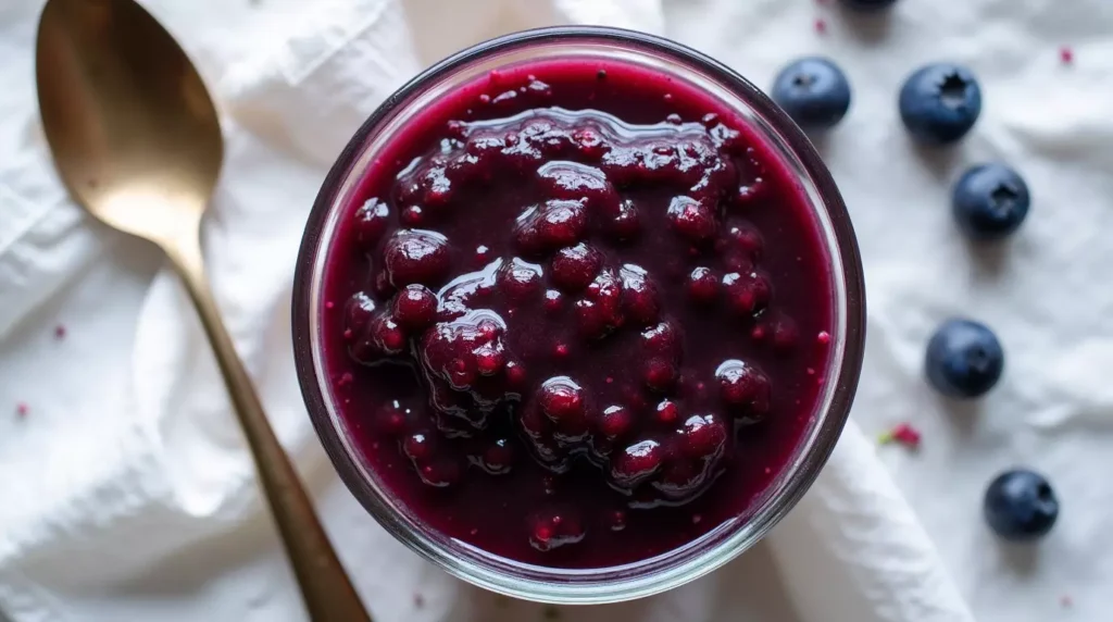 Thick and glossy blueberry sauce in a glass bowl for cheesecake