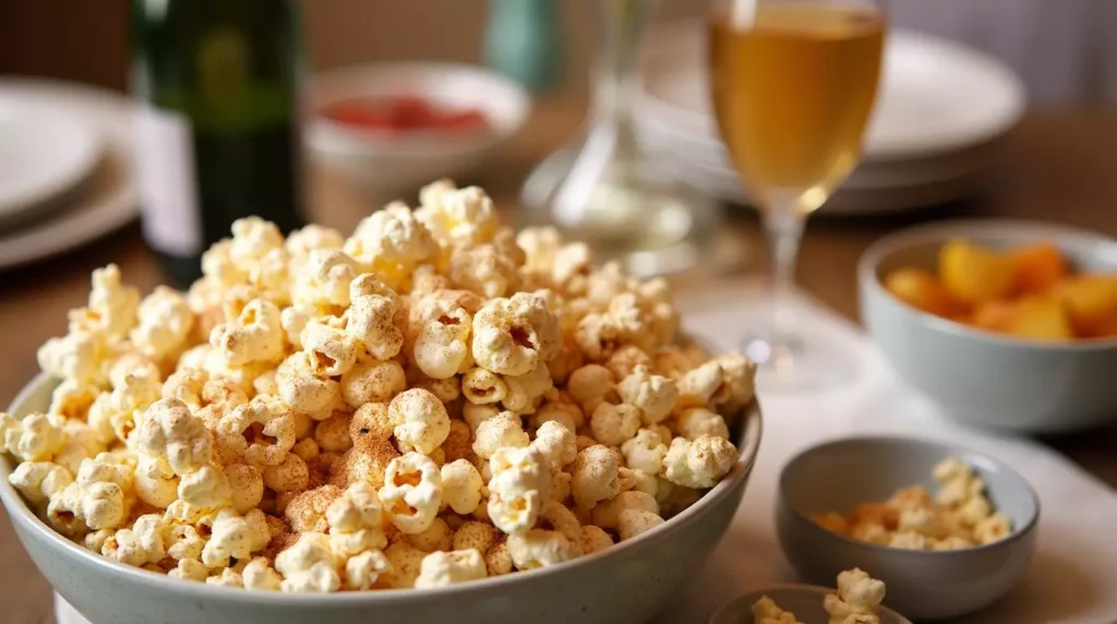 A close-up of a bowl of sweet and salty party popcorn, served with small dishes and paired with drinks like sparkling wine and apple cider.