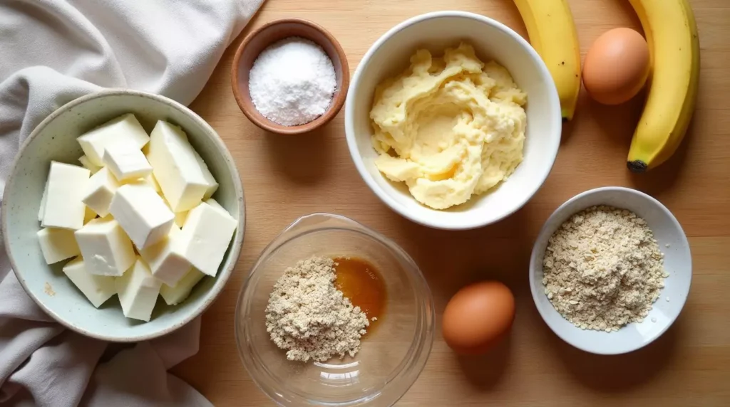 Cottage cheese, bananas, eggs, flours, and vanilla arranged on a kitchen counter.