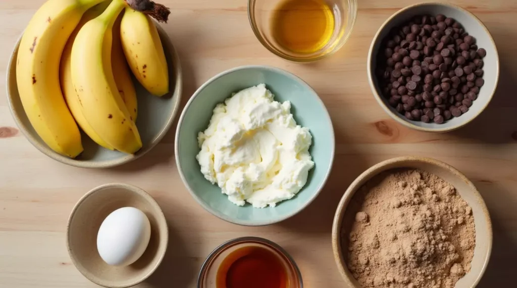Flat lay of bananas, cottage cheese, cocoa powder, and baking ingredients on a wooden counter.