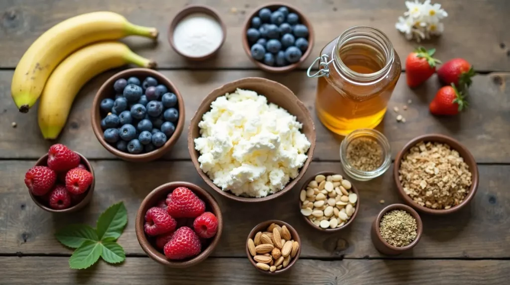 Flat lay of cottage cheese, berries, banana, nuts, granola, and honey on a rustic kitchen counter.