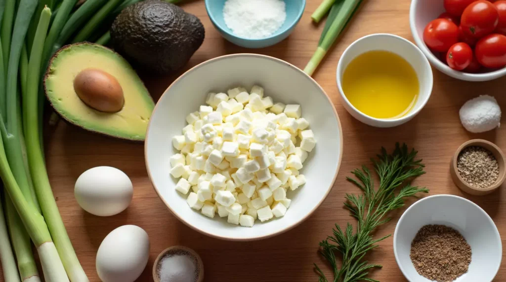 Flat lay of eggs, cottage cheese, avocado, tomatoes, herbs, and olive oil.