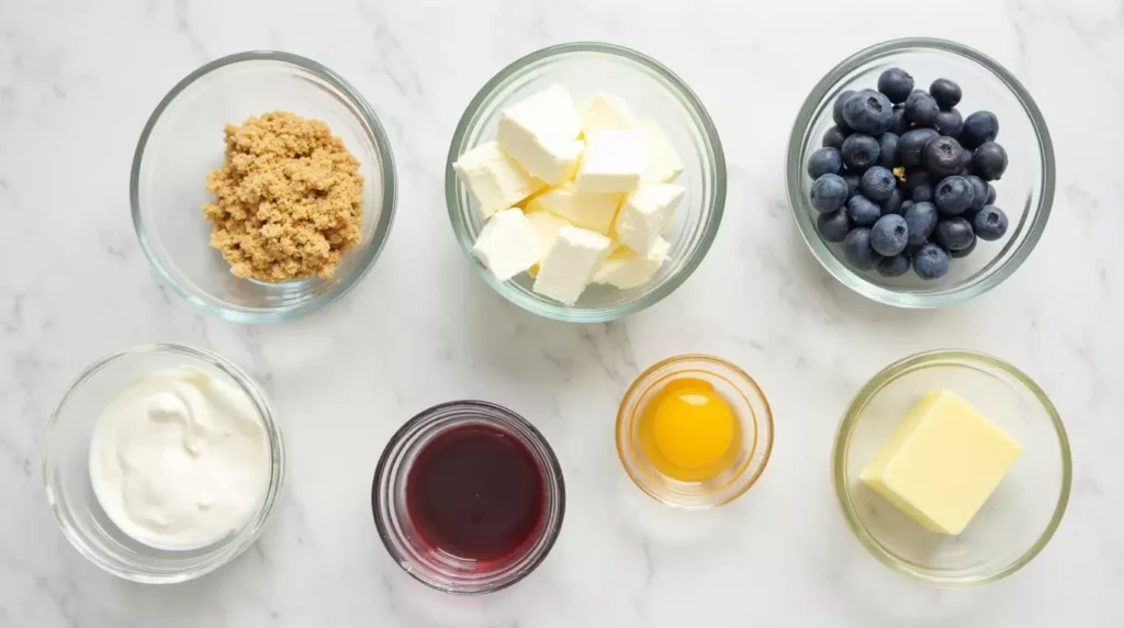 Ingredients like cream cheese, blueberries, eggs, sugar, and graham crumbs on a marble surface