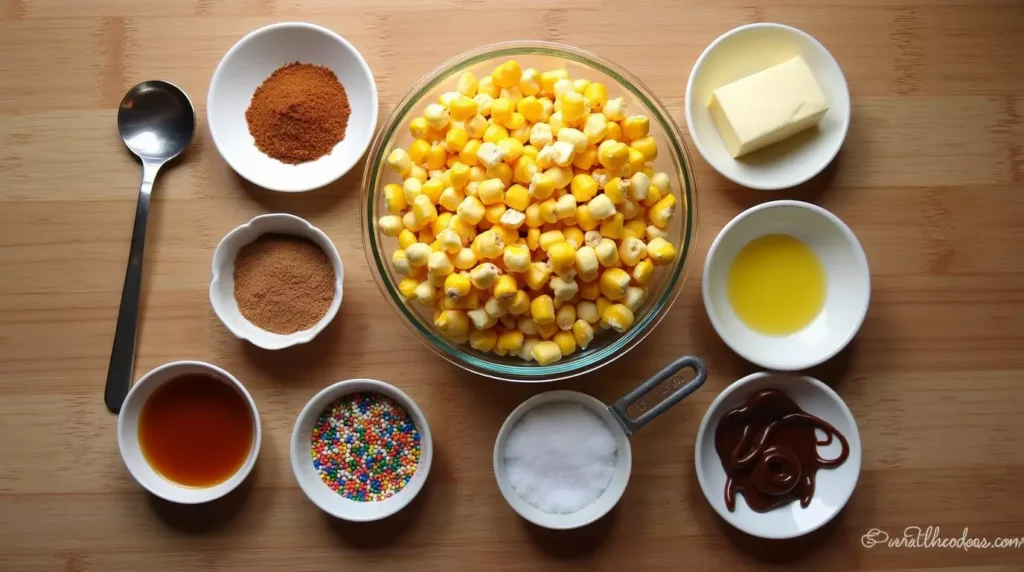 A flat-lay shot of popcorn kernels, melted butter, sugar, cinnamon, and other ingredients neatly arranged on a wooden kitchen counter.