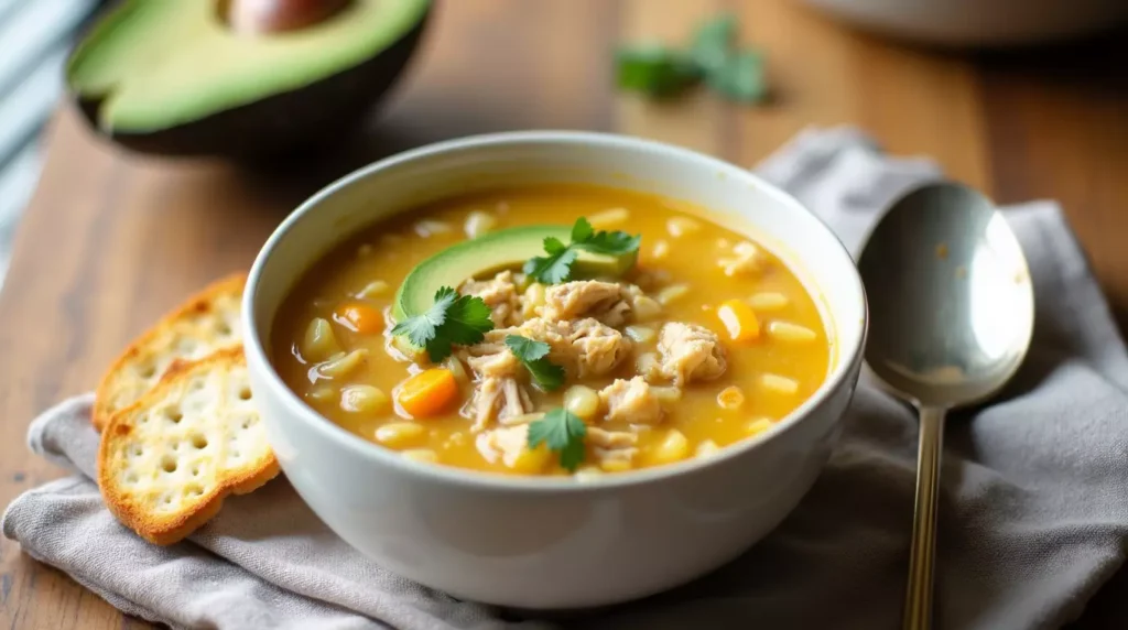 Bowl of hot keto chicken soup served with sliced avocado and low-carb crackers in natural daylight.