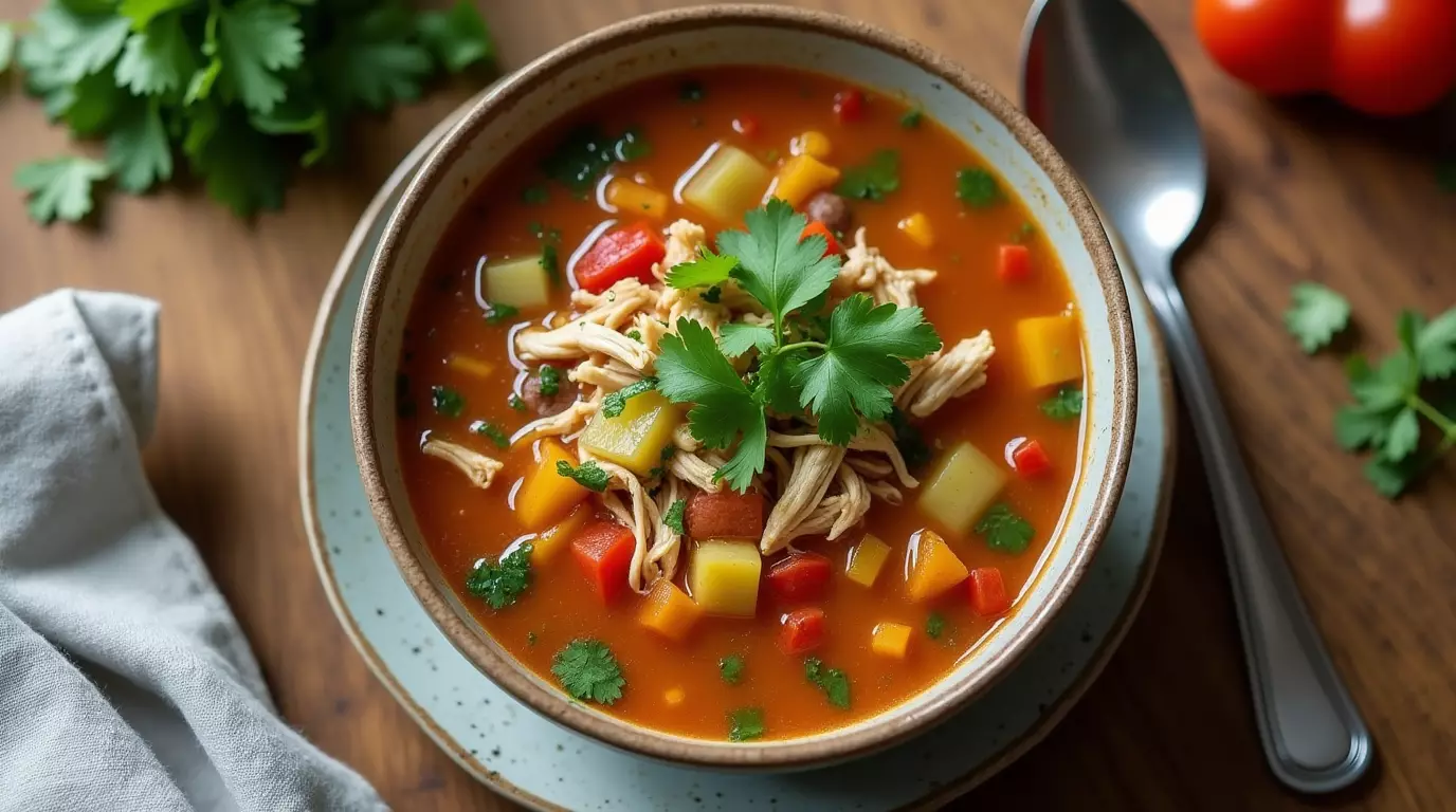 Bowl of keto detox southwest chicken soup with shredded chicken and cilantro in natural light.
