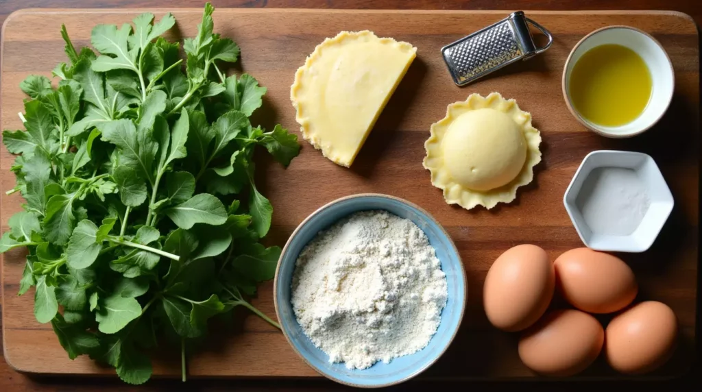 A flat-lay of fresh arugula, Parmigiano Reggiano, flour, eggs, and olive oil on a rustic wooden board.