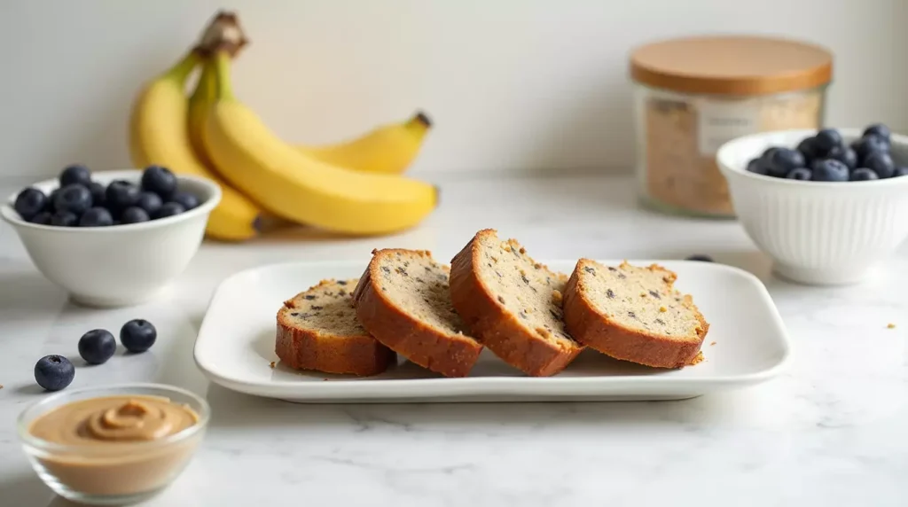 Sliced banana bread protein packed in meal prep containers with sides.