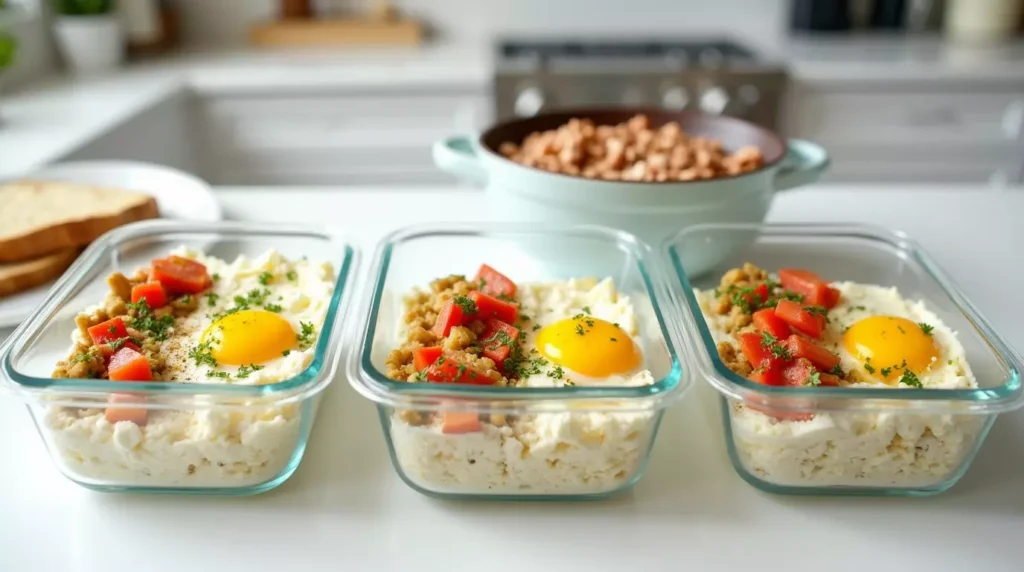 Meal-prepped egg and cottage cheese breakfast bowls packed in containers, ready for the week.