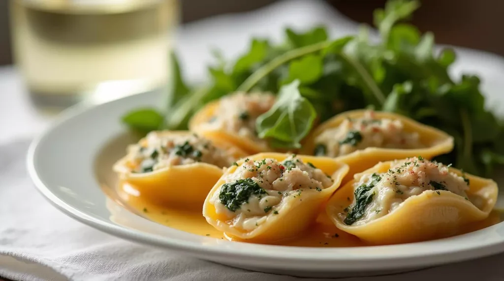A serving of golden-baked Crab and Spinach Stuffed Pasta Shells on a white plate, accompanied by an arugula salad and a glass of crisp white wine.