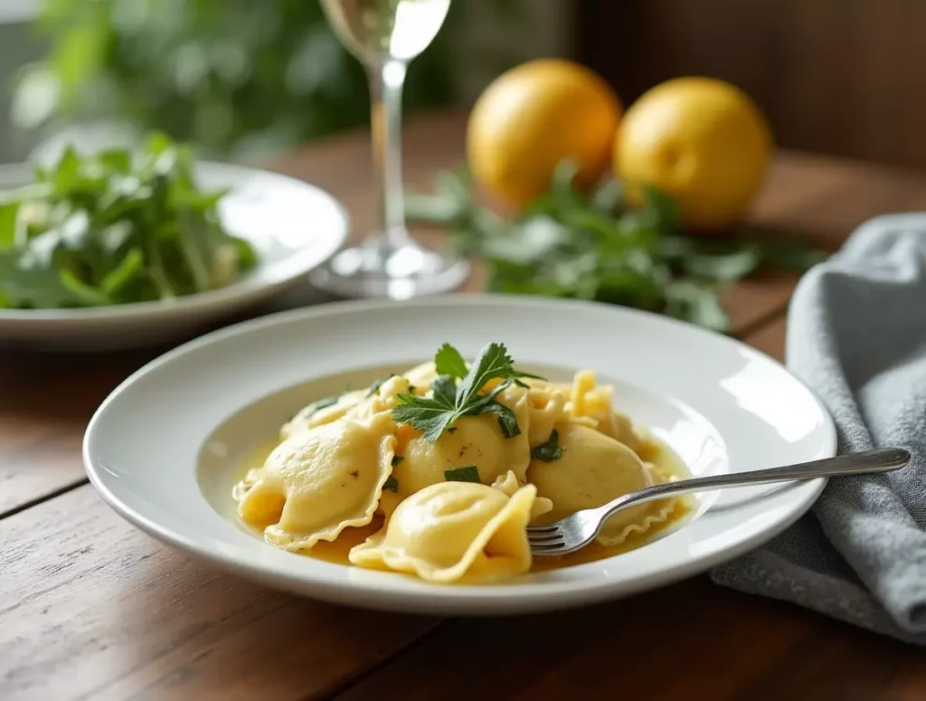 A plate of ravioli in brown butter and sage sauce, served with arugula salad and a glass of white wine on a wooden table.