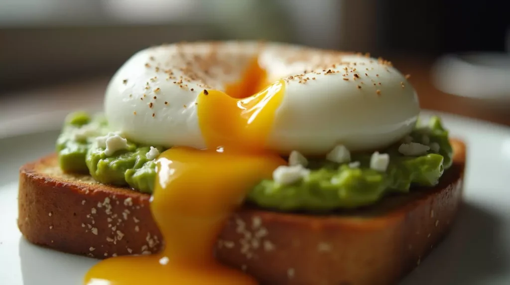 Close-up of a poached egg with a soft yolk on avocado and feta toast, with natural light and shallow focus.