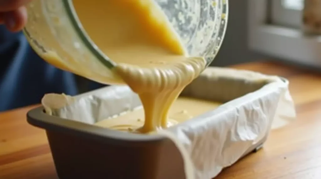Batter for cottage cheese banana bread being poured into a parchment-lined pan.