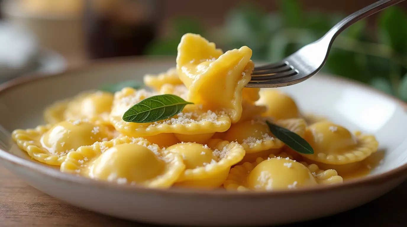 A plate of homemade Ravioli Parmigiano Reggiano drizzled with brown butter and sage sauce, garnished with crispy sage leaves and freshly grated cheese.