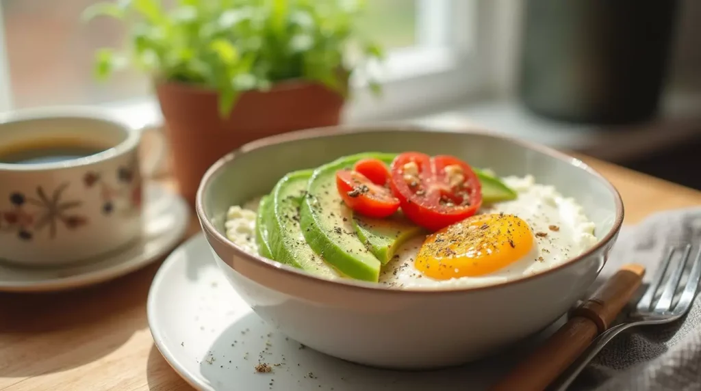 Cottage cheese bowl with avocado and tomatoes served with tea and toast on a sunlit kitchen table.