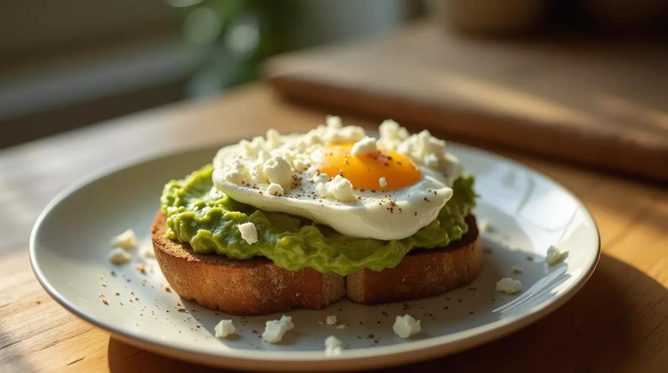 Toast topped with smashed avocado feta and egg, photographed in natural kitchen light on a wooden countertop