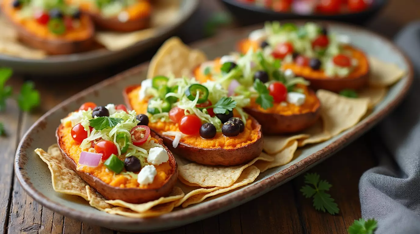 smashed feta sweet potato boats topped with feta, cucumber, and herbs on a ceramic plate