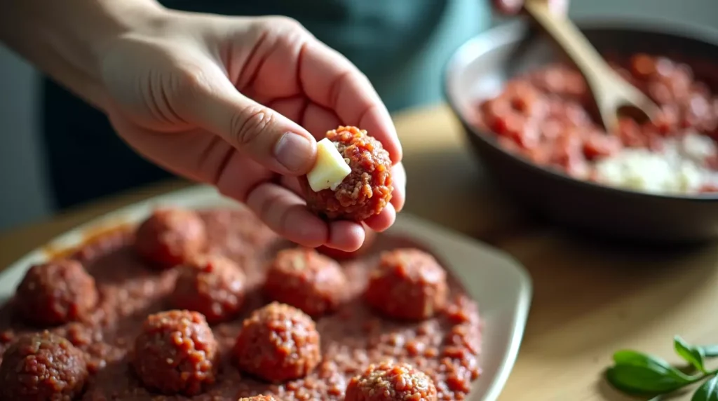 Hands stuffing mozzarella cube into seasoned meat mixture for gluten free meatballs