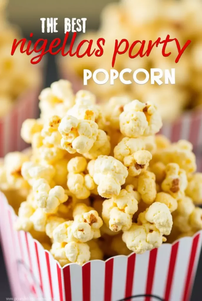 A bowl of freshly popped, golden party popcorn with the title "The Best Nigella’s Party Popcorn" in the center, along with the blog’s domain name "www.purandsimplerecipes.com".