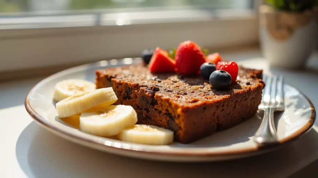 A slice of toasted banana bread with almond butter and fresh fruit on a ceramic plate.