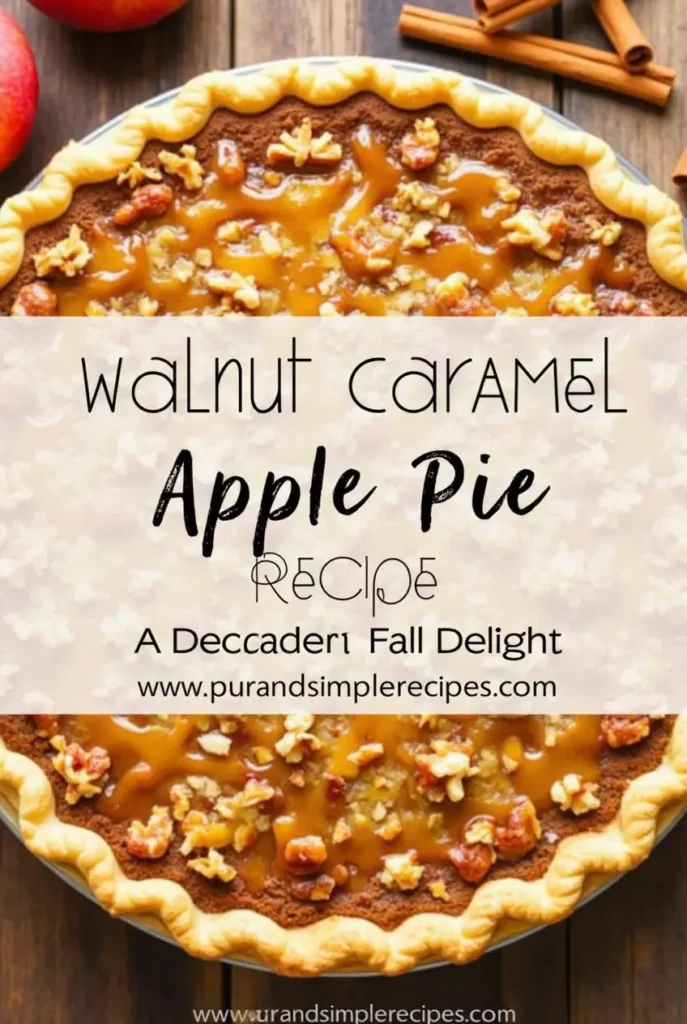 A stunning walnut caramel apple pie with golden crust and caramel drizzle, set against a warm autumn kitchen backdrop, featuring the title and blog URL.