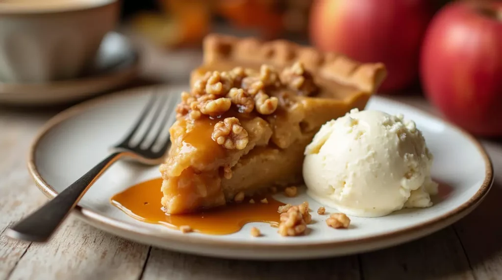 A slice of walnut caramel apple pie on a white plate, drizzled with caramel sauce, topped with chopped walnuts, and served with a scoop of vanilla ice cream.