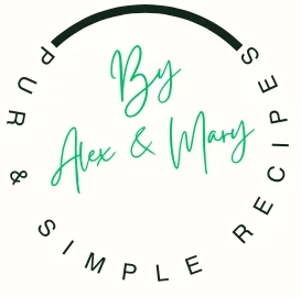 Logo of 'Pur & Simple Recipes' featuring a circular text design with 'Alex & Mary' written in green script font at the center