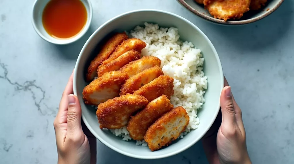 Chicken katsu slices being placed over rice in a bowl