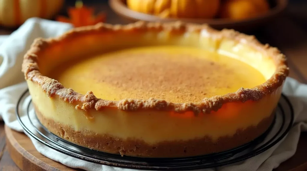 Freshly baked sopapilla pumpkin cheesecake with golden cinnamon crust