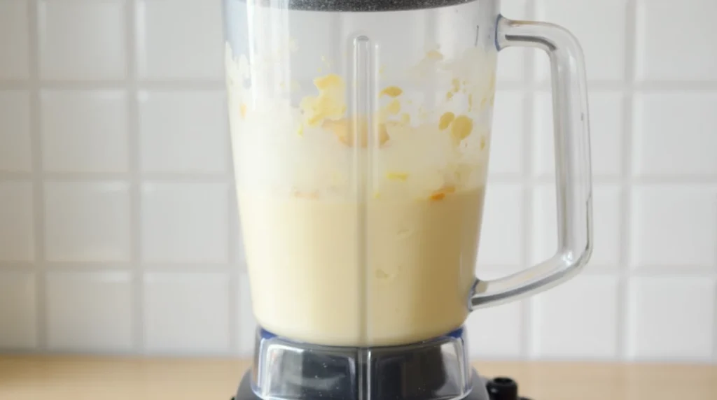 Blender with creamy banana shake halfway blended